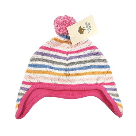 Tucker + Tate Baby Girl White / Pink Stripe Knit Pom Pom Earflap Hat 0-12 Month - Picture 1 of 4